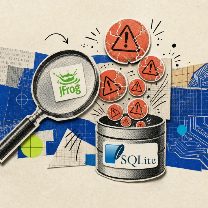 A magnifying glass with a JFrog logo sticker examines several red, bursting warning-label bubbles rising from a cylindrical database container labeled SQLite.
