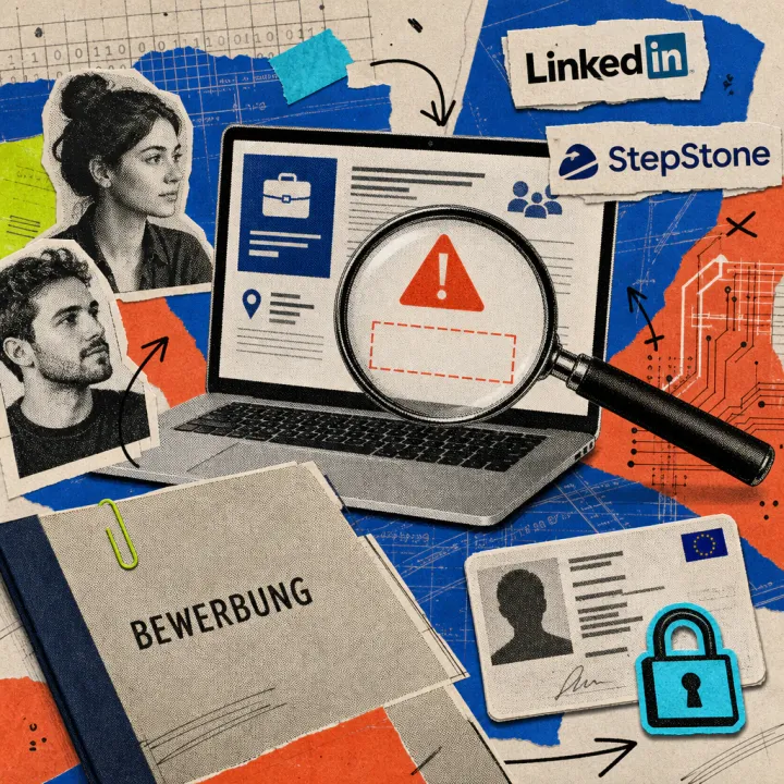 A magnifying glass enlarges a red warning symbol over the empty legal-notice field of a job ad on a laptop screen, next to an ID card with a small padlock icon and an application folder.