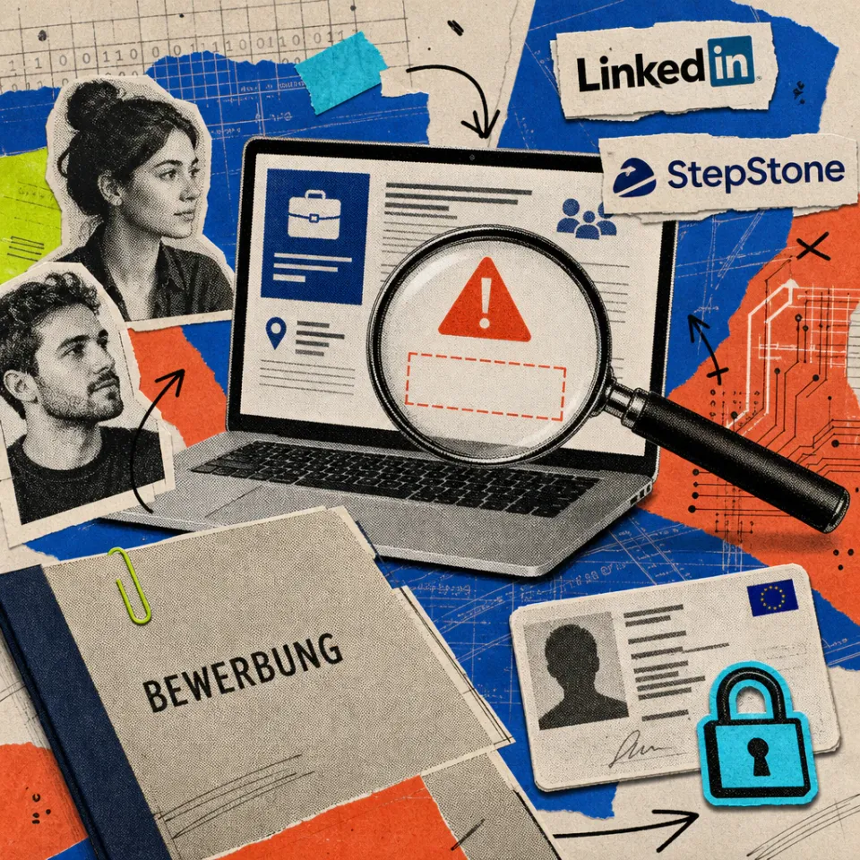 A magnifying glass enlarges a red warning symbol over the empty legal-notice field of a job ad on a laptop screen, next to an ID card with a small padlock icon and an application folder.