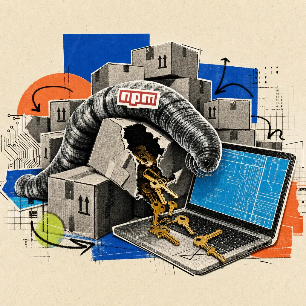 A digital worm with an npm logo sticker winds through stacked shipping boxes, golden keys spilling from a torn-open box onto an open laptop