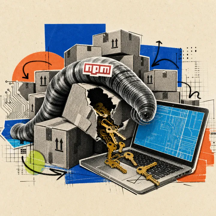 A digital worm with an npm logo sticker winds through stacked shipping boxes, golden keys spilling from a torn-open box onto an open laptop