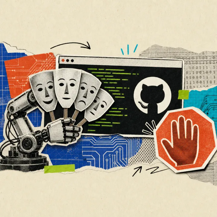 A robotic arm holds several paper masks with different faces up to a browser window showing code and a GitHub octocat icon, while a red stop-hand gesture warns in front of it