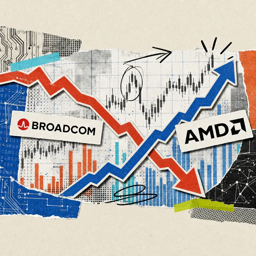 A red curve line with Broadcom's logo drops sharply while next to it a blue curve line with AMD's logo climbs upward on a stock-chart grid.