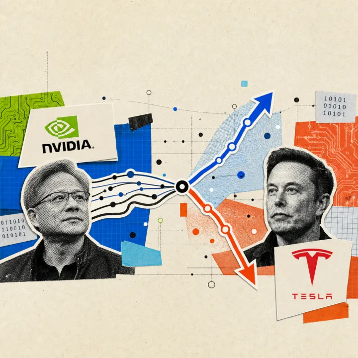 An editorial illustration shows sweeping price-line curves branching apart at the center, surrounded by geometric data points on a grid background.