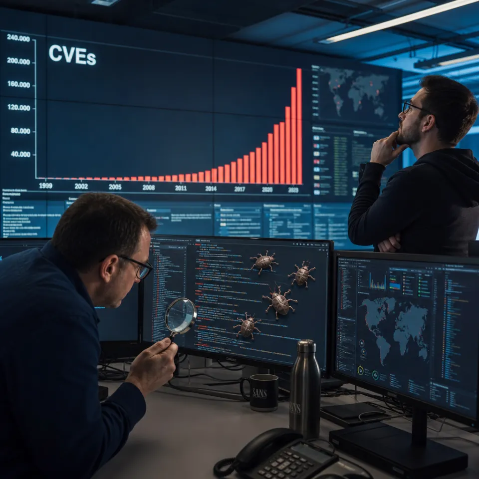 Photorealistic depiction: in a security operations center, an analyst holds a magnifier over a screen from which bug-like symbols crawl out of lines of code, in front of a steeply rising "CVEs" bar chart.