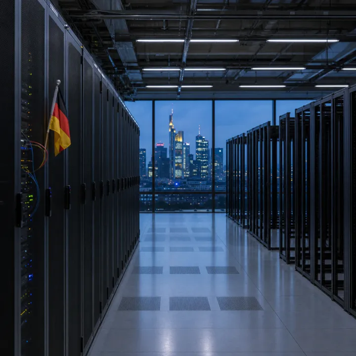 A half-empty German data center with long rows of server racks, many slots dark and empty, a small German flag on a cabinet, and the Frankfurt skyline at dusk through the windows.