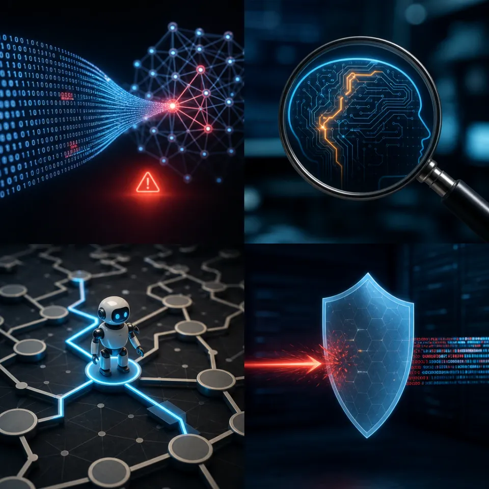 Vier abstrakte Forschungssymbole nebeneinander: vergiftete Datenströme, ein durchleuchteter Sprachmodell-Schaltkreis, ein Suchagent im Knotenlabyrinth und ein Schild gegen einen Sabotage-Angriff auf eine Code-Pipeline