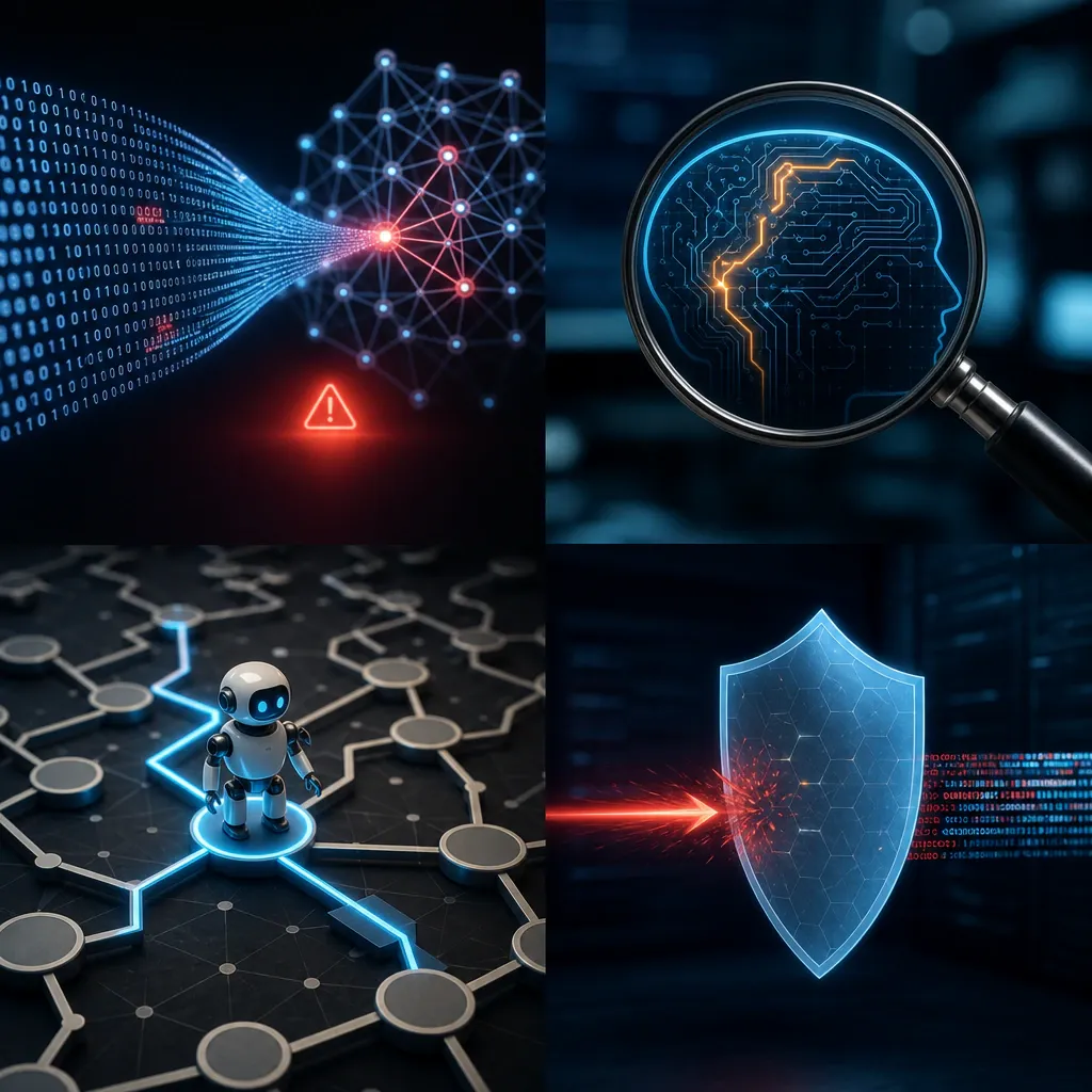 Vier abstrakte Forschungssymbole nebeneinander: vergiftete Datenströme, ein durchleuchteter Sprachmodell-Schaltkreis, ein Suchagent im Knotenlabyrinth und ein Schild gegen einen Sabotage-Angriff auf eine Code-Pipeline