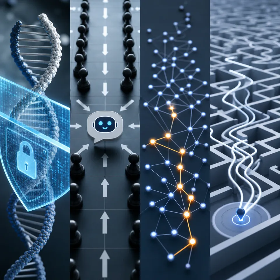 Vier abstrakte Forschungssymbole nebeneinander: eine von einer digitalen Sicherheitsschranke durchkreuzte DNA-Doppelhelix, ein Pfeilraster, das auf einen Chatbot-Avatar zielt, ein neuronales Netz mit hervorgehobenen Aktivierungspfaden und ein Labyrinth konvergierender Suchpfade