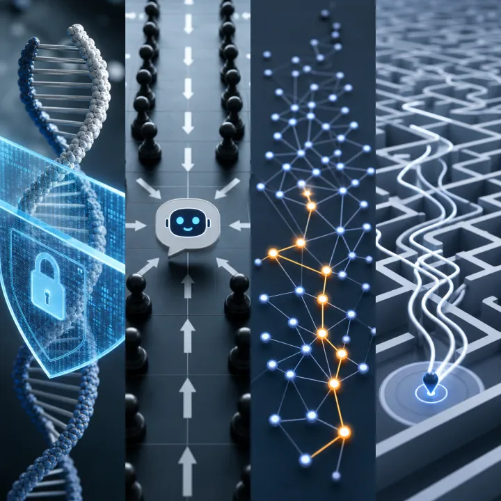 Four abstract research symbols side by side: a DNA double helix crossed by a digital security barrier, a grid of arrows targeting a chatbot avatar, a neural network with highlighted activation paths, and a maze of converging search paths