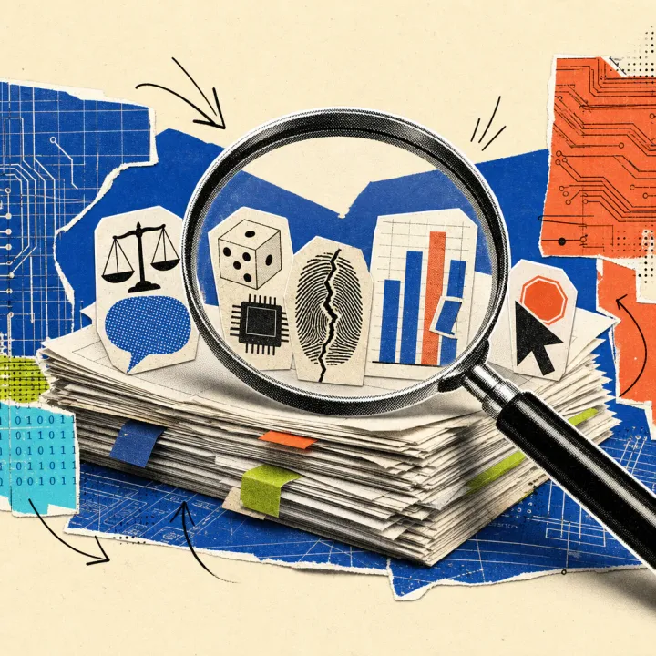 A magnifying glass hovers over a stack of academic papers, from which five symbols protrude: a scale above a speech bubble, a die next to a memory chip, a cracked fingerprint, a bar chart with shifted bars, and a mouse pointer in front of a stop sign.