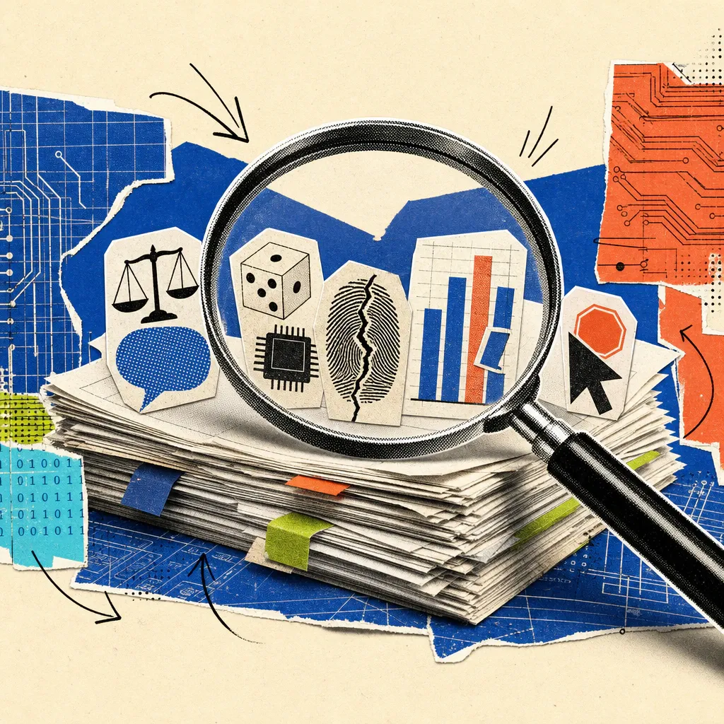 A magnifying glass hovers over a stack of academic papers, from which five symbols protrude: a scale above a speech bubble, a die next to a memory chip, a cracked fingerprint, a bar chart with shifted bars, and a mouse pointer in front of a stop sign.