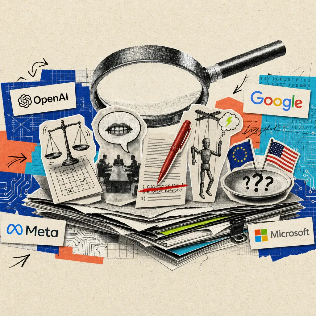 A magnifying glass hovers over a stack of academic papers, from which five symbols protrude: a wobbling scale above an evaluation rubric, a speech bubble with a silent mouth next to a conference table, a red pen crossing out a fictitious footnote in a review, a puppet with its own thought bubble, and a plate with question marks between two country flags.