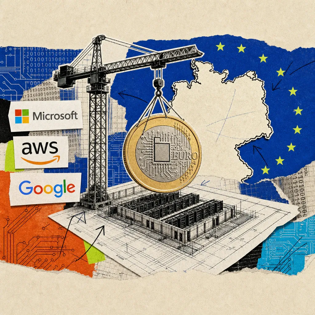 Ein Baukran hält eine überdimensionale Ein-Euro-Münze mit eingeprägtem Chip über den Bauplan einer Rechenzentrumshalle, rechts der Umriss Deutschlands vor der EU-Flagge, links Logo-Aufkleber von Microsoft, AWS und Google