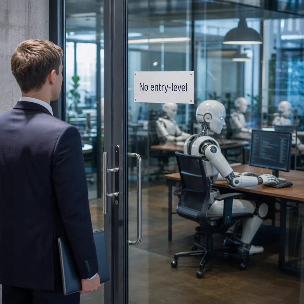 Fotorealistische Darstellung: Ein junger Absolvent mit Bewerbungsmappe steht vor der Glastür eines Start-ups, in dem Roboter an Schreibtischen arbeiten; an der Tür ein Schild „No entry-level“.