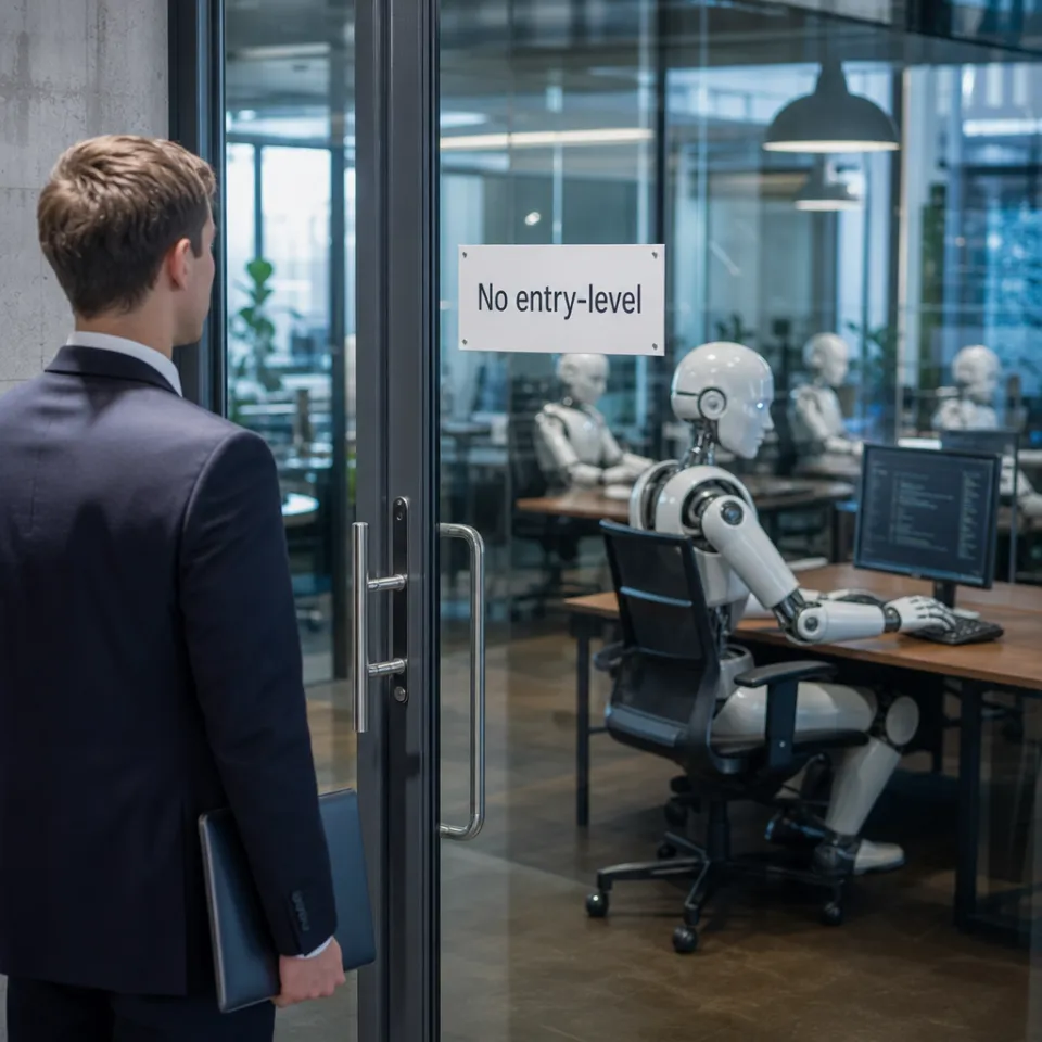 Fotorealistische Darstellung: Ein junger Absolvent mit Bewerbungsmappe steht vor der Glastür eines Start-ups, in dem Roboter an Schreibtischen arbeiten; an der Tür ein Schild „No entry-level“.