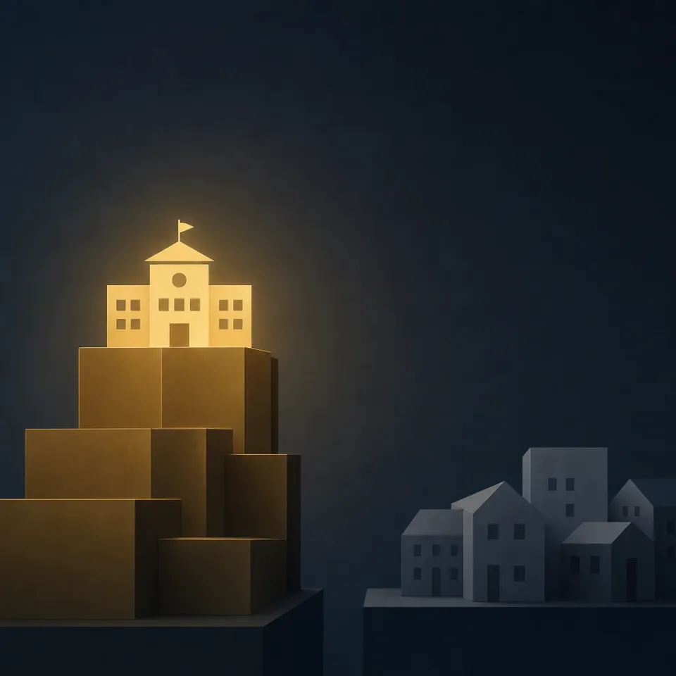 Abstract geometric illustration: a small, glowing school building on an elevated platform made of golden blocks, separated from simpler buildings at ground level, symbolizing educational inequality in the age of AI