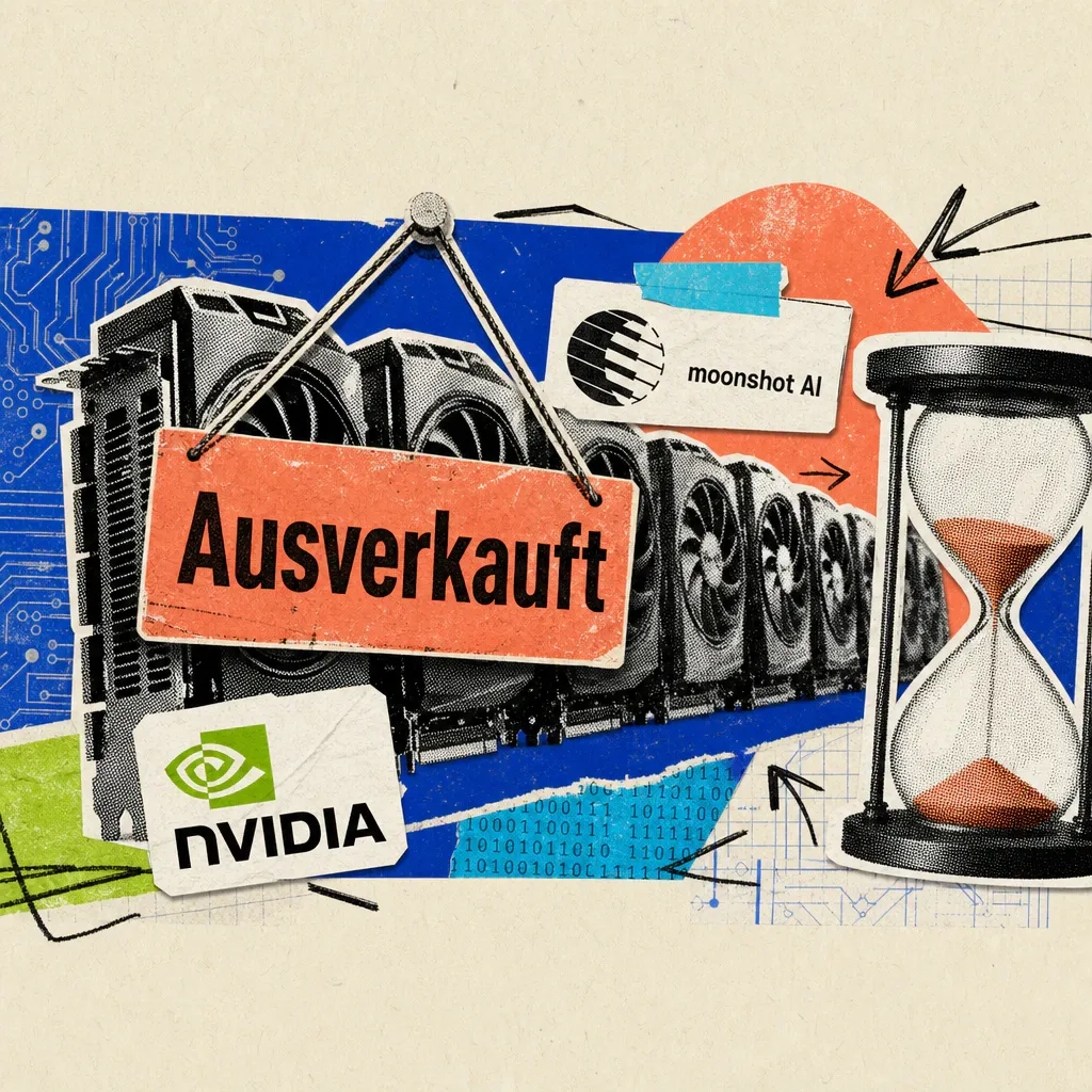 Ein Schild mit der Aufschrift "Ausverkauft" hängt vor einer Reihe von Grafikkarten-Chips mit aufgeklebtem Moonshot-AI-Logo, daneben symbolisiert eine Sanduhr den Engpass