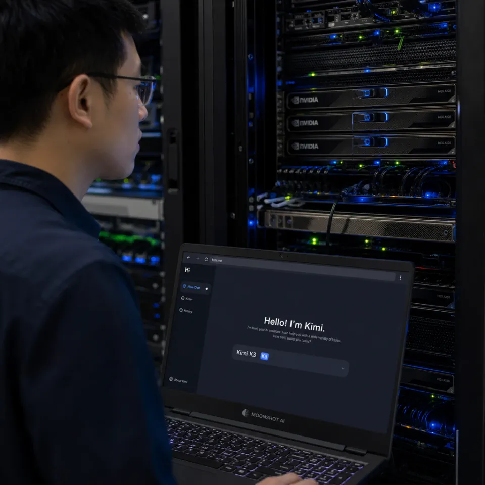 A technician monitors a rack of glowing GPU servers at night, a laptop in the foreground shows the Kimi chat interface with Moonshot AI branding