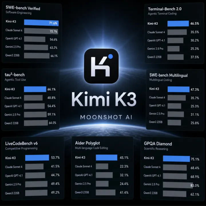Moonshot Kimi K3 logo with performance comparison charts against Claude Opus and other frontier models, showing convergence of model capabilities