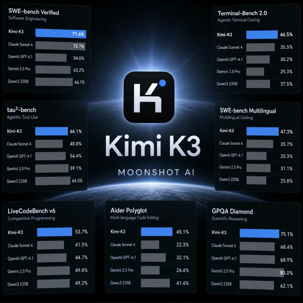 Moonshot Kimi K3 logo with performance comparison charts against Claude Opus and other frontier models, showing convergence of model capabilities