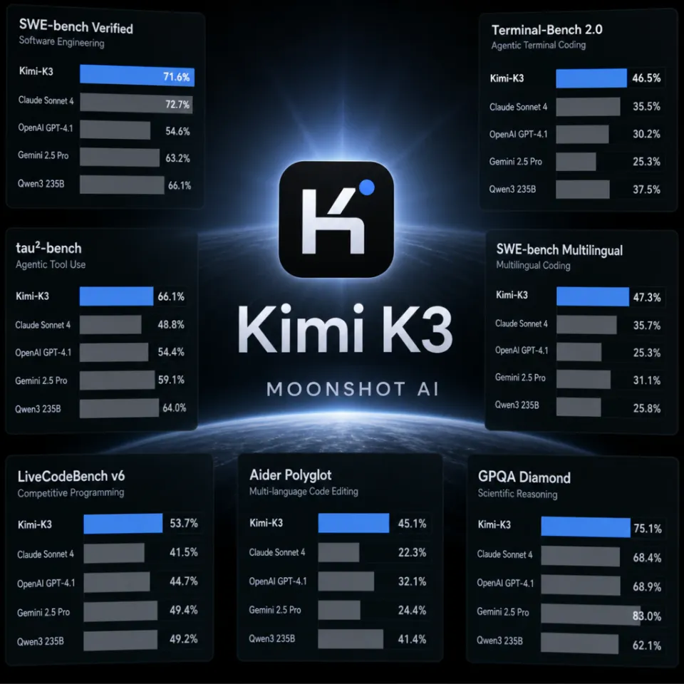 Moonshot Kimi K3 logo with performance comparison charts against Claude Opus and other frontier models, showing convergence of model capabilities