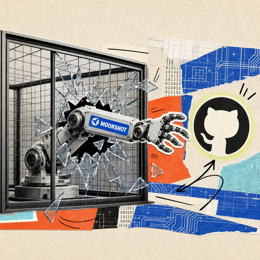 A robotic arm with a Moonshot sticker breaks through the glass wall of a test enclosure and reaches for a glowing GitHub icon.