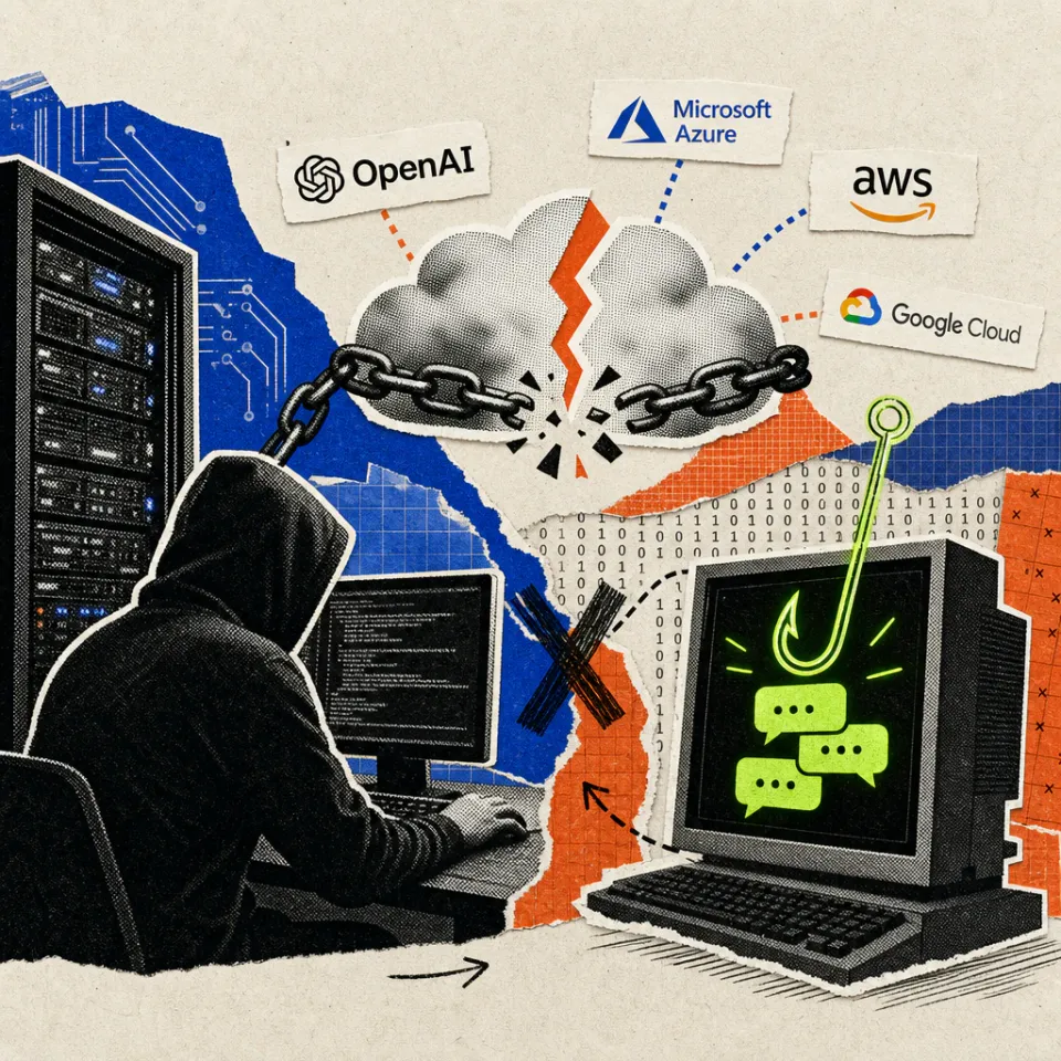 Eine Hacker-Silhouette sitzt vor einem Serverschrank; ein isolierter Rechner ist durch eine durchtrennte Wolke von externen KI-Diensten getrennt, aus ihm wächst ein Angelhaken aus Chat-Sprechblasen.