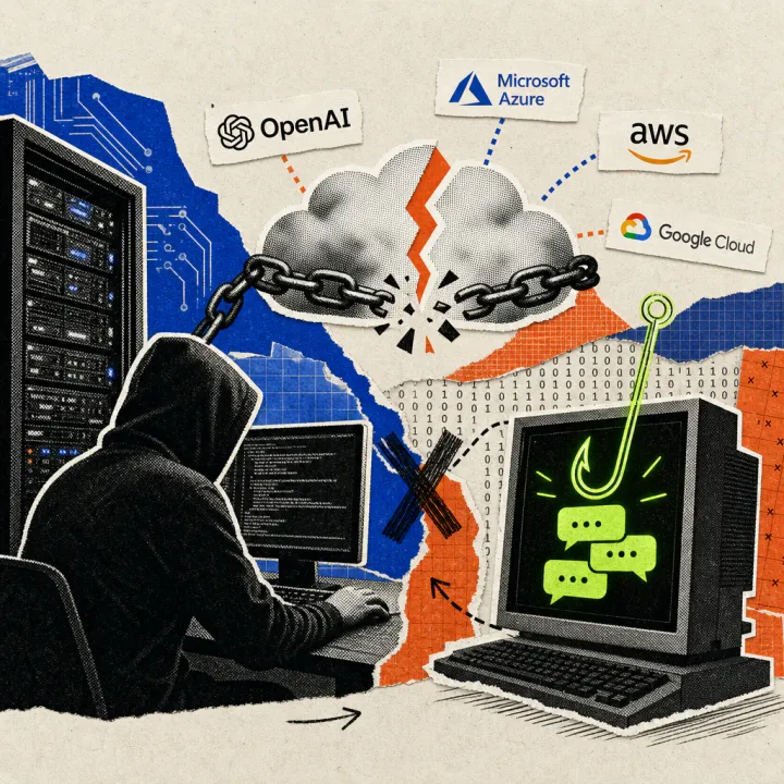 Eine Hacker-Silhouette sitzt vor einem Serverschrank; ein isolierter Rechner ist durch eine durchtrennte Wolke von externen KI-Diensten getrennt, aus ihm wächst ein Angelhaken aus Chat-Sprechblasen.