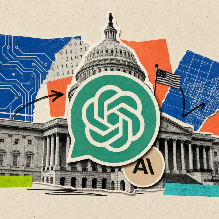 The US Capitol with a large ChatGPT speech-bubble sticker in the foreground, almost covering a small Anthropic Claude logo