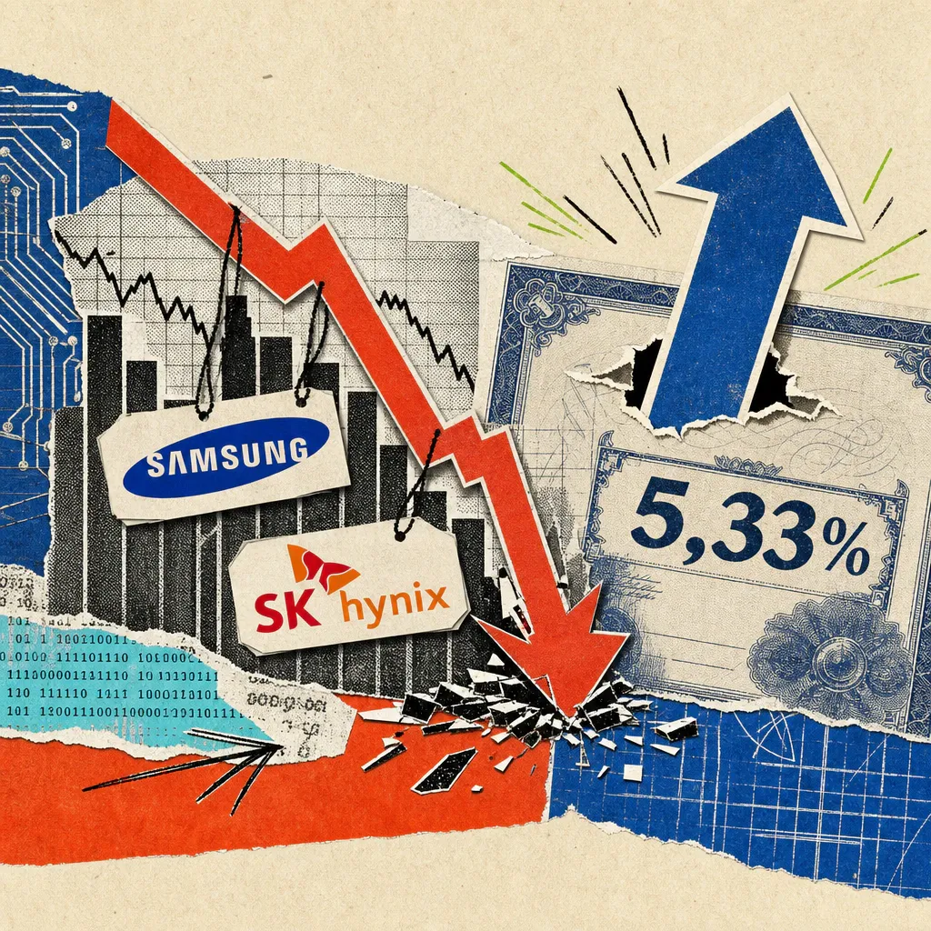 A red price arrow breaks through a stock chart bearing Samsung and SK Hynix logos, while a blue arrow rises beside a bond certificate printed with the number 5.33 percent in the background.