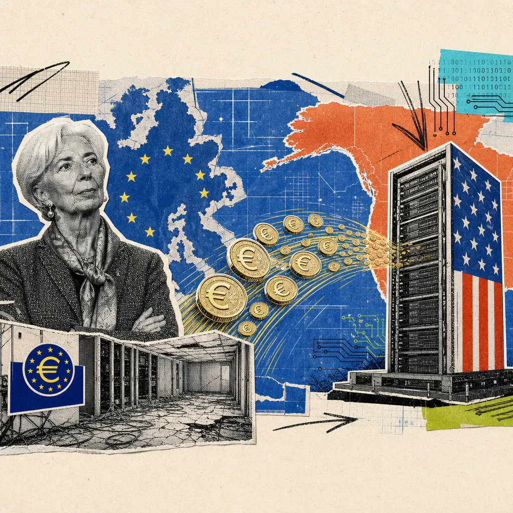 Christine Lagarde stands in front of a map of Europe as a golden stream of coins flows across the Atlantic toward a US server tower marked with stars, leaving an empty data-center outline behind on the European side.