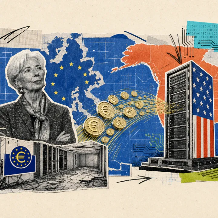Christine Lagarde stands in front of a map of Europe as a golden stream of coins flows across the Atlantic toward a US server tower marked with stars, leaving an empty data-center outline behind on the European side.