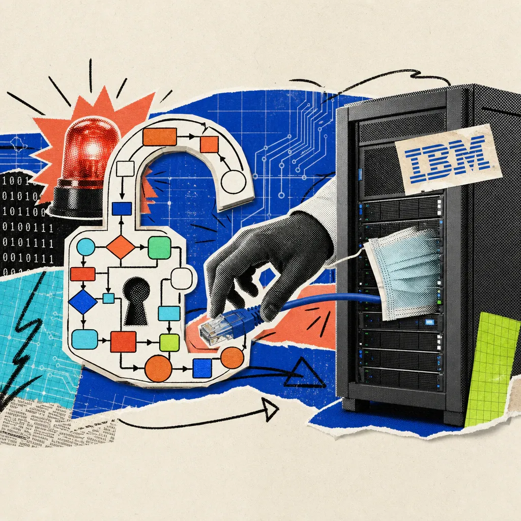Eine maskierte Hand greift durch ein offenes, aus Flussdiagramm-Knoten geformtes Vorhängeschloss nach einem Netzwerkkabel vor einem Serverschrank mit IBM-Logo-Sticker und rotem Warnlicht