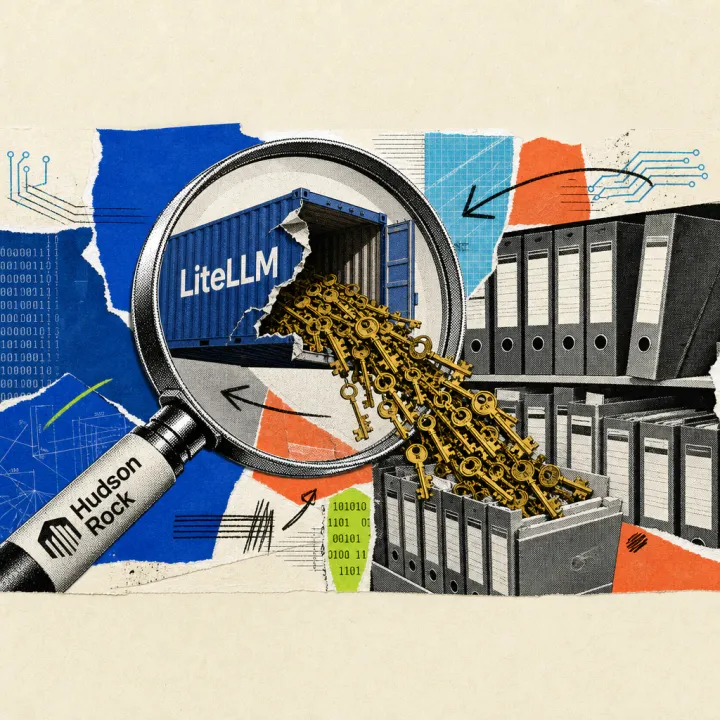 A magnifying glass labeled Hudson Rock enlarges a torn-open shipping container labeled LiteLLM, spilling golden keys onto a file archive.