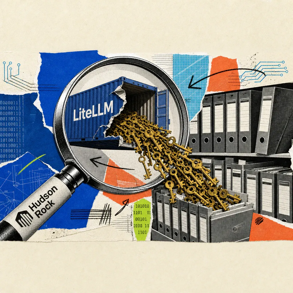 A magnifying glass labeled Hudson Rock enlarges a torn-open shipping container labeled LiteLLM, spilling golden keys onto a file archive.