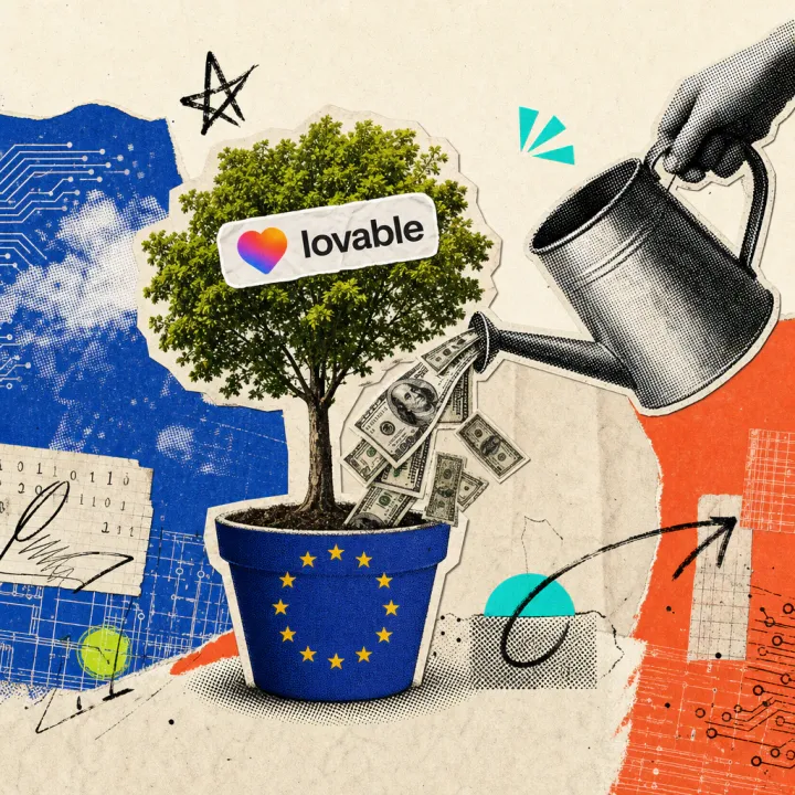 Ein Baum mit Lovable-Logo-Sticker in der Krone wächst aus einem mit EU-Sternen verzierten Blumentopf, während eine Gießkanne Dollarscheine über ihn gießt.