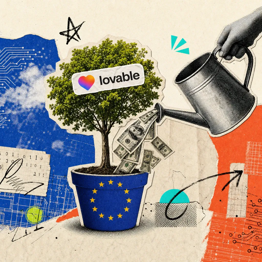 Ein Baum mit Lovable-Logo-Sticker in der Krone wächst aus einem mit EU-Sternen verzierten Blumentopf, während eine Gießkanne Dollarscheine über ihn gießt.