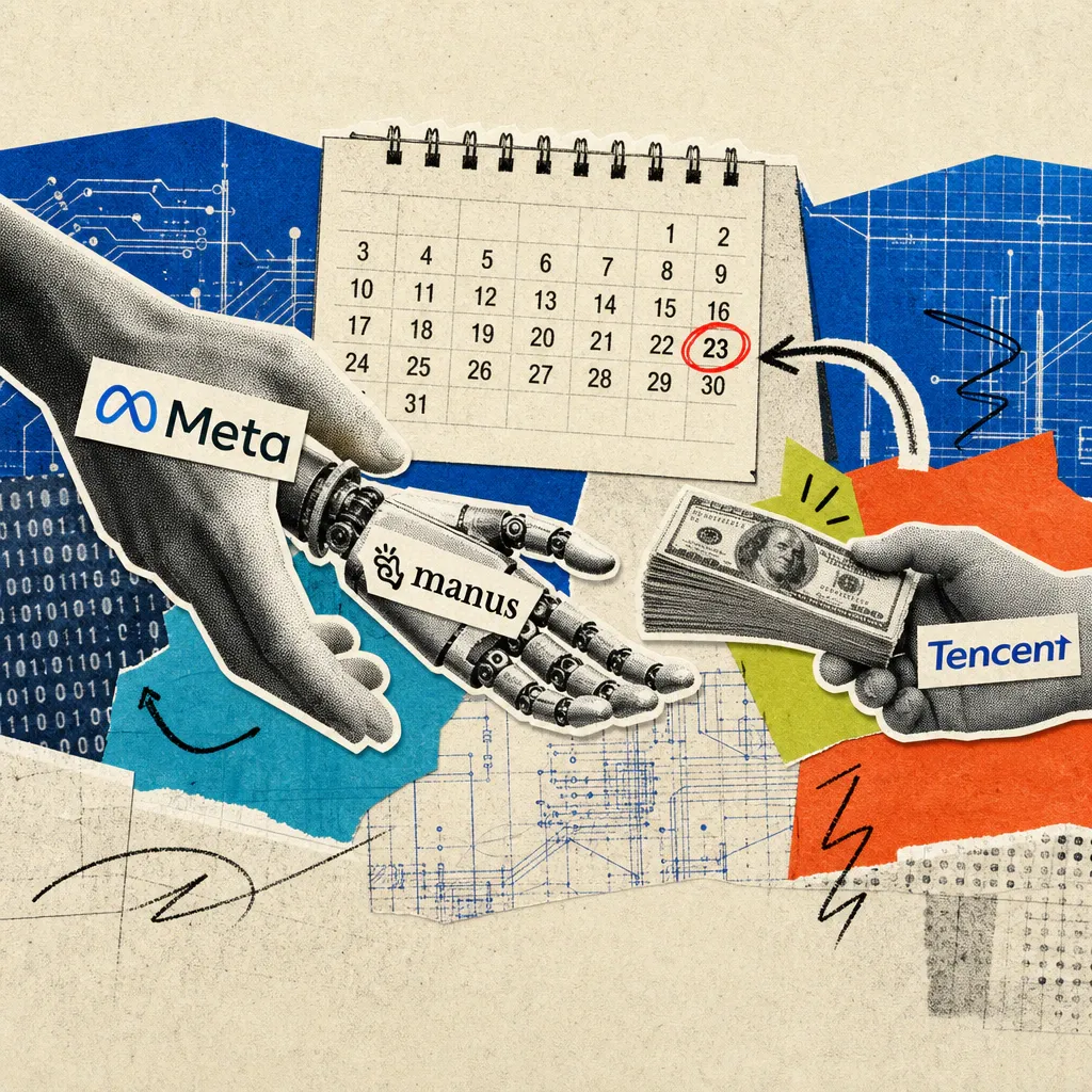 A robotic hand with the Manus logo is separating from a hand with the Meta logo, while a hand with the Tencent logo is handing over a bundle of banknotes; in the background, a calendar page with the 23rd of August circled in red.