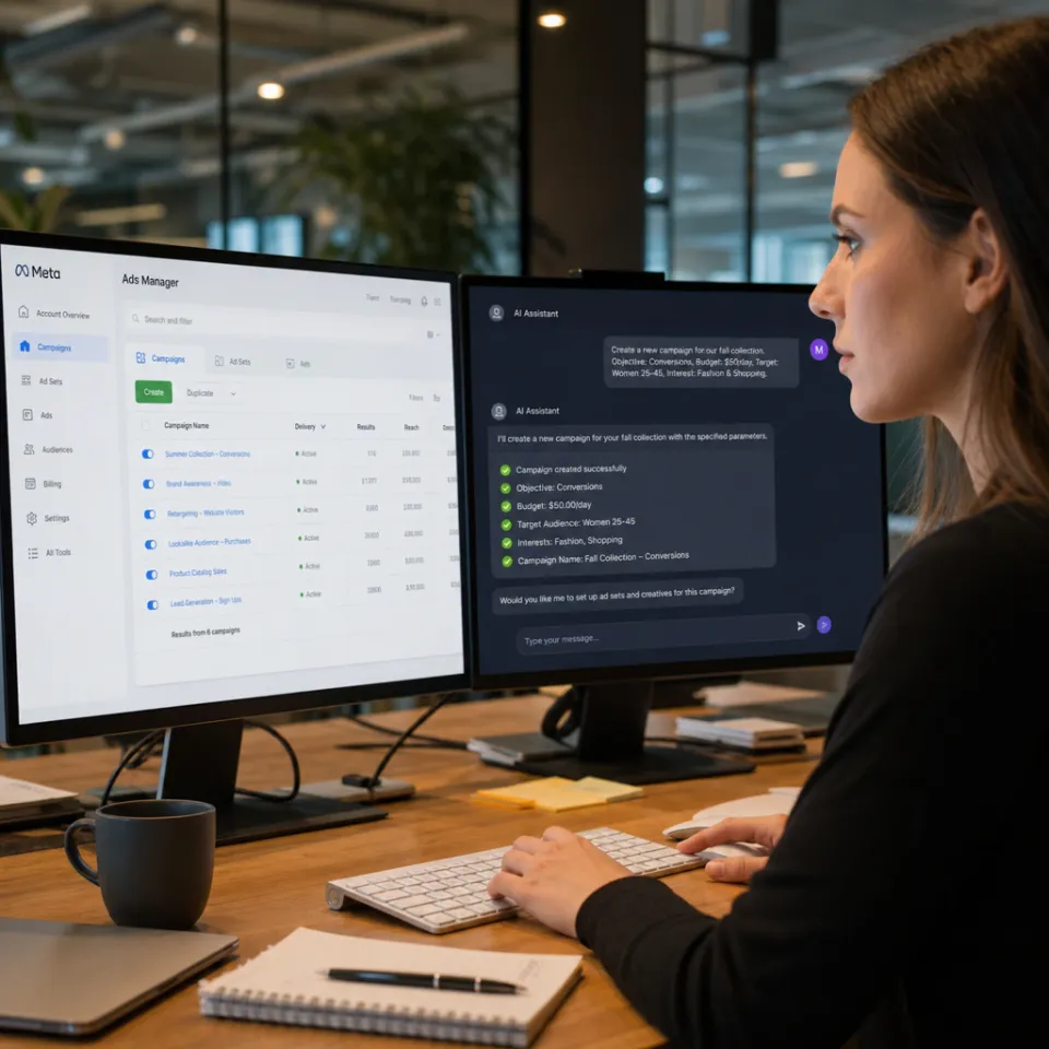 Marketing-Managerin am Schreibtisch mit dem Meta-Werbeanzeigenmanager auf einem Monitor und einem KI-Assistenten mit Werbebefehlen auf dem zweiten Bildschirm