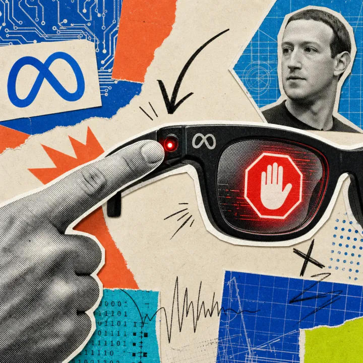 Eine Hand bedeckt das rot blinkende Aufnahmelicht einer Brille mit Meta-Logo, während im Brillenglas ein rotes Stopp-Symbol erscheint.