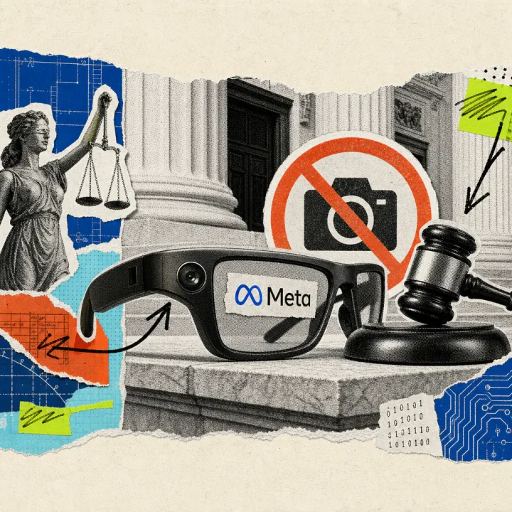 A pair of glasses with a visible Meta logo lies next to a judge's gavel on a shelf, with a crossed-out camera symbol in the background.