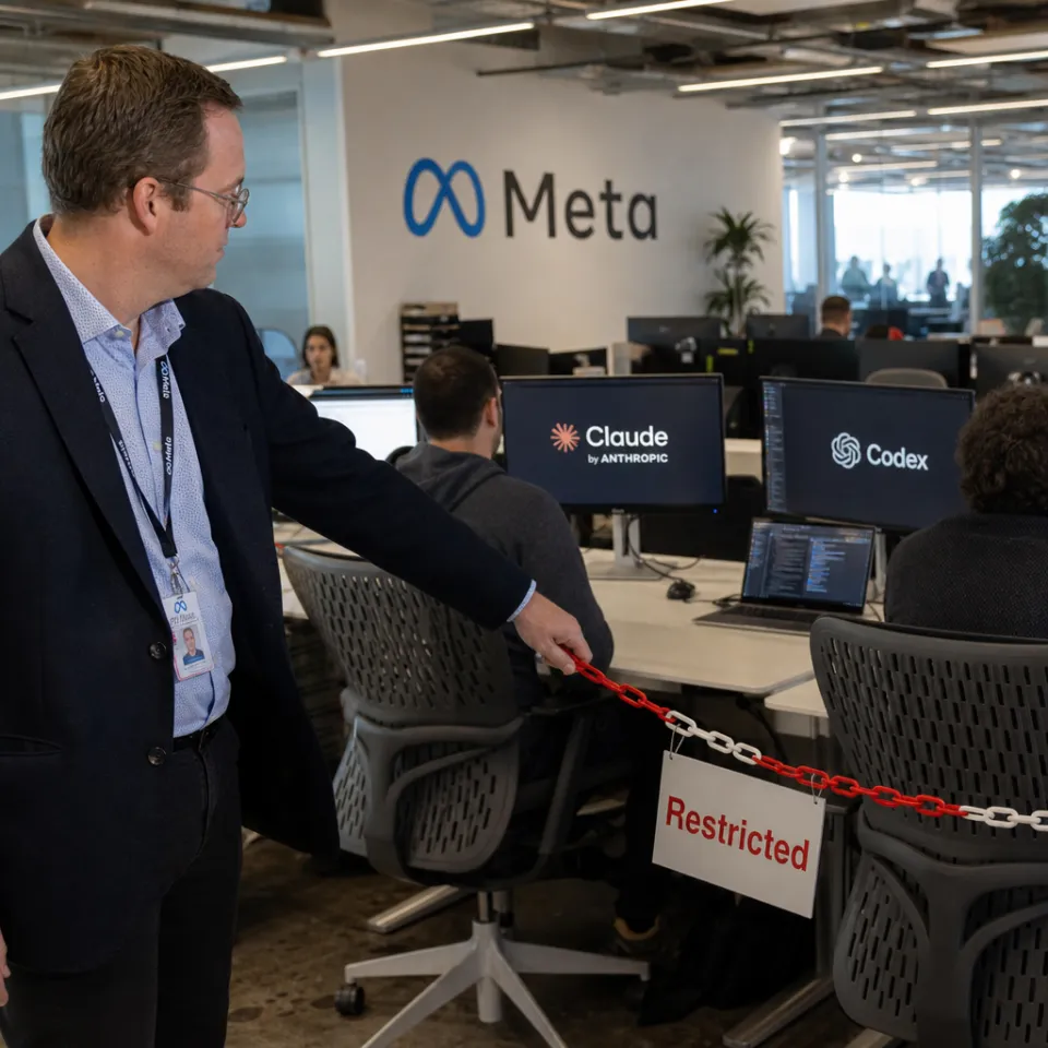Photorealistic depiction: in a Meta office, a manager pushes a barrier with a "Restricted" sign in front of workstations whose monitors show the Claude and OpenAI Codex logos.