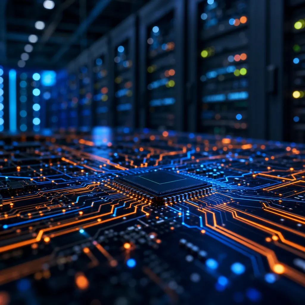Abstract illustration of a computer chip with glowing circuit paths in front of a data center