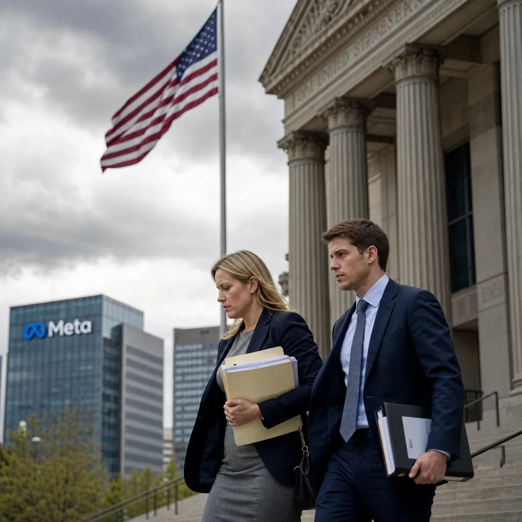 A lawyer and a plaintiff leave a U.S. federal courthouse with file folders, with the Meta logo blurred in the background on an office building