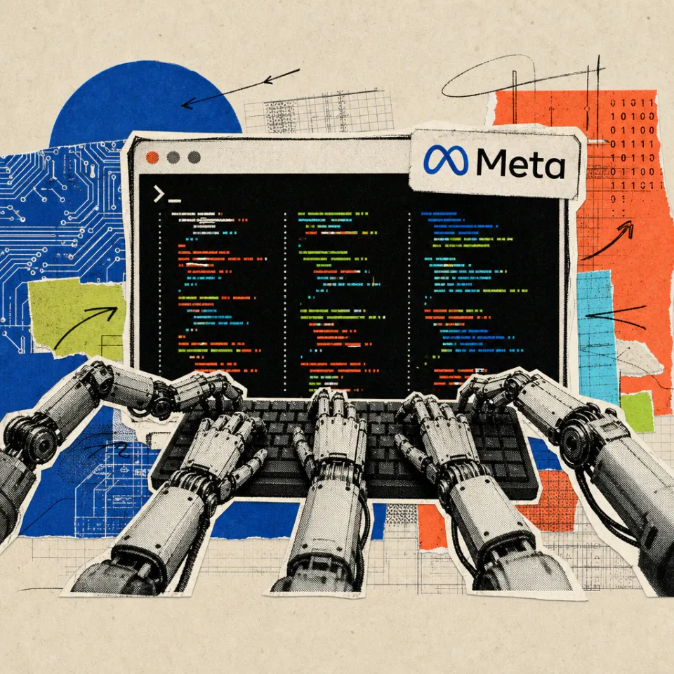 Ein Terminal-Fenster mit Meta-Logo-Sticker, davor tippen mehrere kleine Roboterarme gleichzeitig parallele Codezeilen auf einer Tastatur.