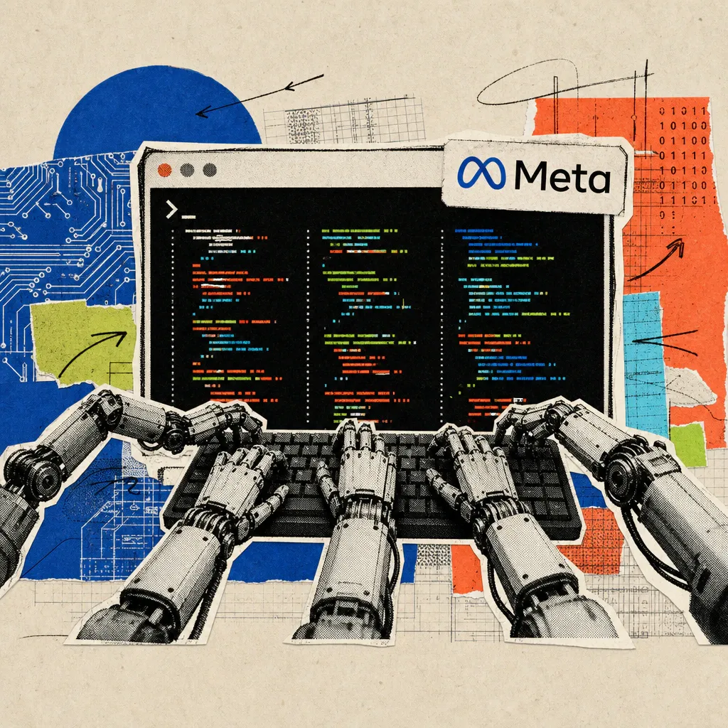 A terminal window with a Meta logo sticker, in front of which several small robot arms simultaneously type parallel lines of code on a keyboard.
