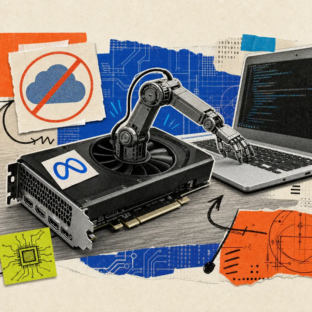 Eine Grafikkarte mit Meta-Logo-Sticker liegt auf einem Schreibtisch, aus ihrem Lüfter steigt ein kleiner Roboterarm und tippt auf einer Laptop-Tastatur, daneben schwebt eine durchgestrichene Wolke.