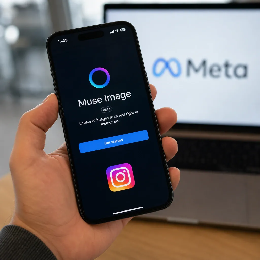 Smartphone screen shows the Instagram app with Meta's AI image generator Muse Image.