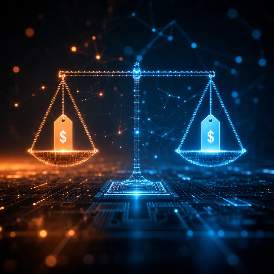 Abstract editorial illustration of a scale made of light and data lines, symbolizing the AI pricing war between tech companies